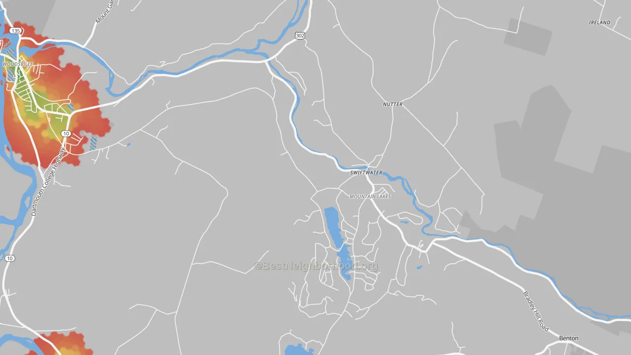 Walk Grade map of Swiftwater, NH, walkable areas in green and car-dependent areas in red