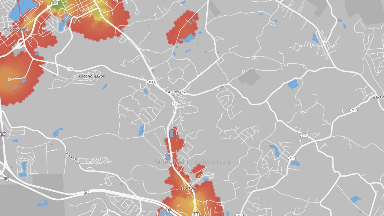 Walk Grade map of Swiftwater, PA, walkable areas in green and car-dependent areas in red