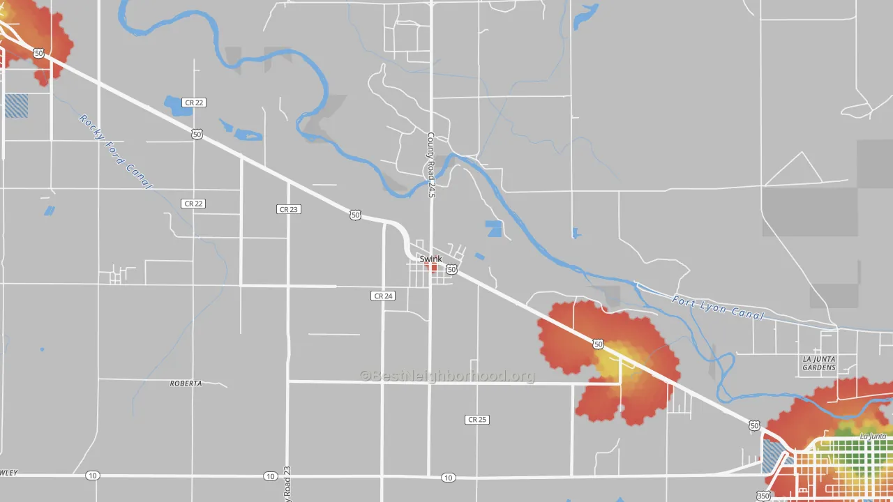 Walk Grade map of Swink, CO, walkable areas in green and car-dependent areas in red