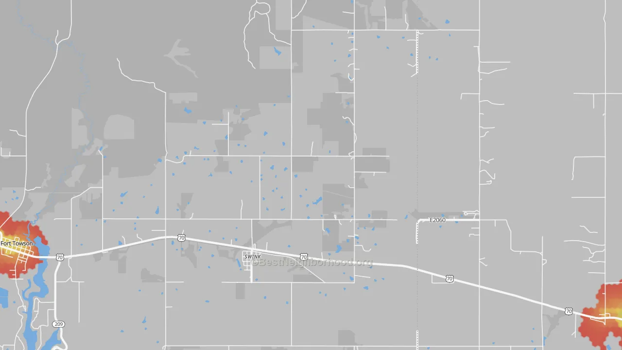 Walk Grade map of Swink, OK, walkable areas in green and car-dependent areas in red
