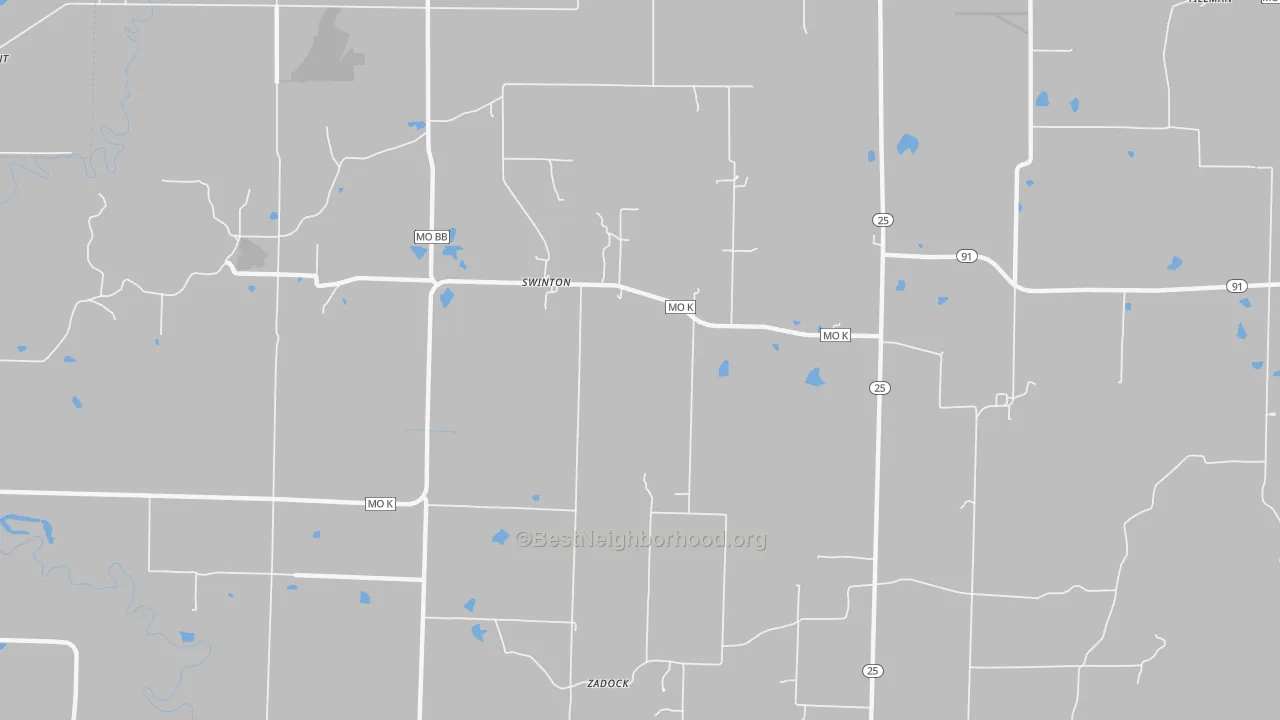 Walk Grade map of Swinton, MO, walkable areas in green and car-dependent areas in red