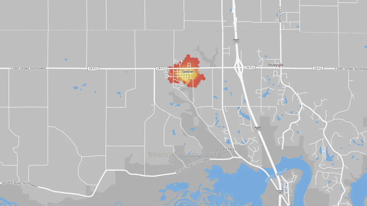 Walk Grade map of Swisher, IA, walkable areas in green and car-dependent areas in red