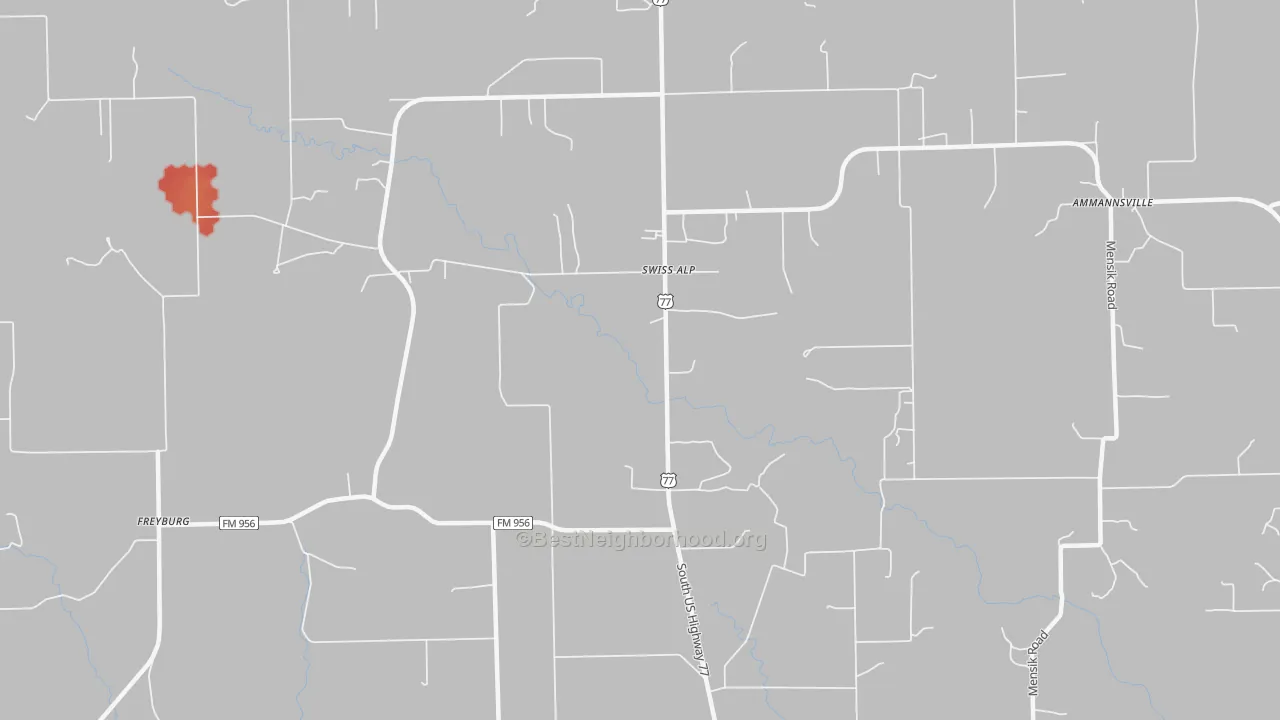 Walk Grade map of Swiss Alp, TX, walkable areas in green and car-dependent areas in red