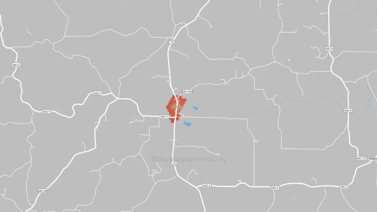 Walk Grade map of Swiss, MO, walkable areas in green and car-dependent areas in red