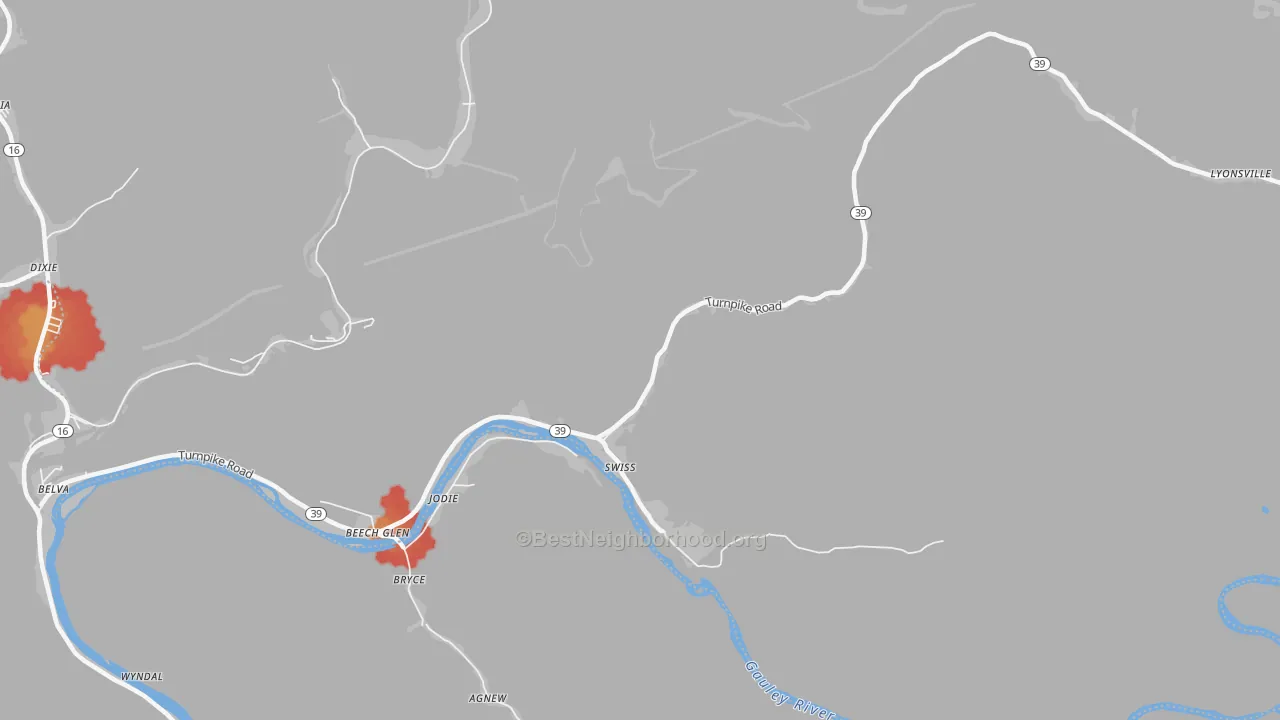 Walk Grade map of Swiss, WV, walkable areas in green and car-dependent areas in red