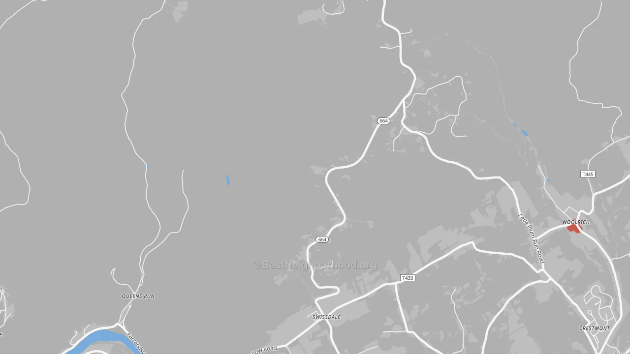 Walk Grade map of Swissdale, PA, walkable areas in green and car-dependent areas in red