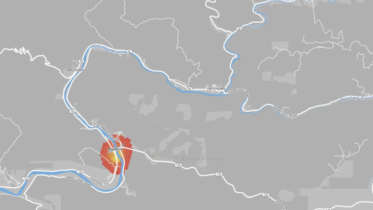 Walk Grade map of Swisshome, OR, walkable areas in green and car-dependent areas in red