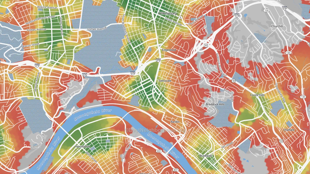 Walk Grade map of Swissvale, PA, walkable areas in green and car-dependent areas in red