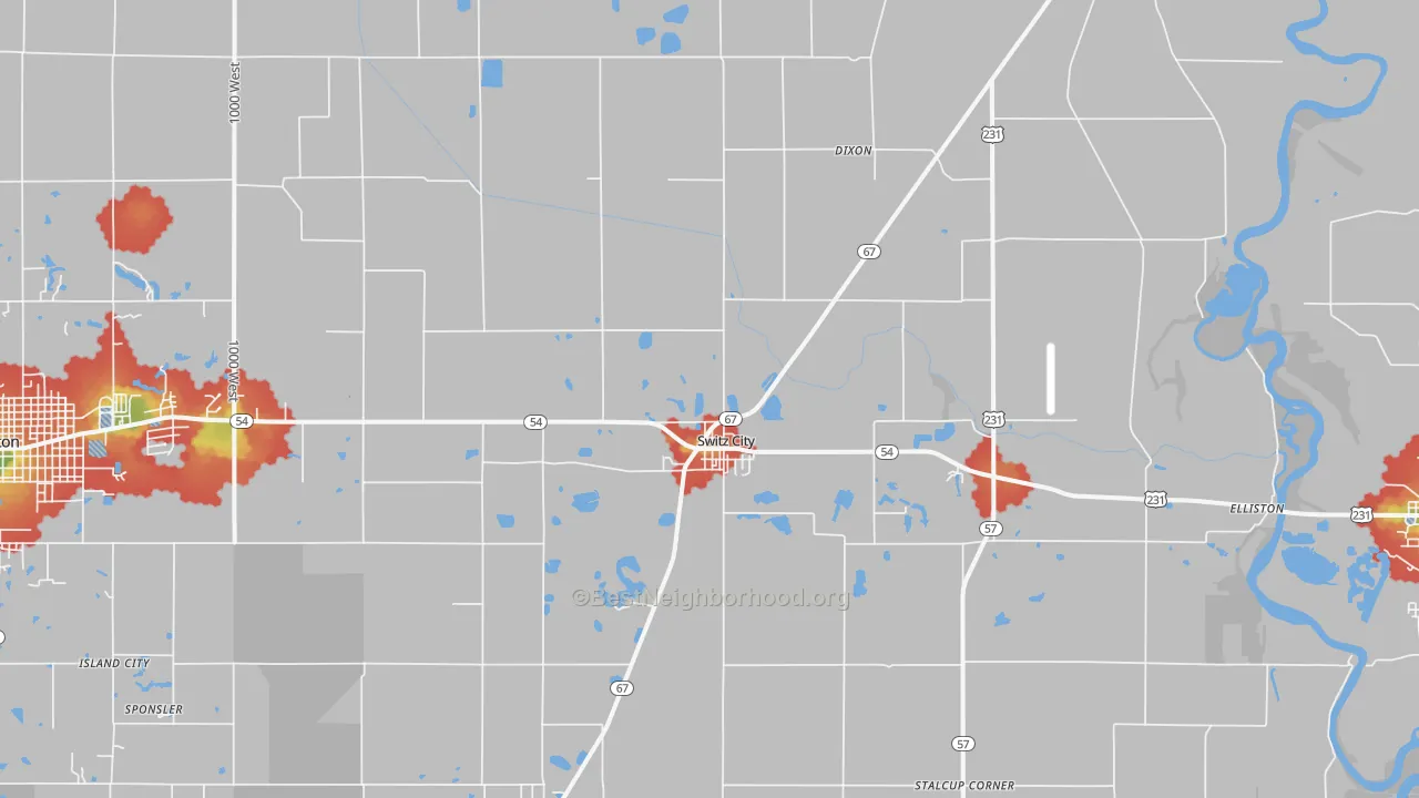 Walk Grade map of Switz City, IN, walkable areas in green and car-dependent areas in red