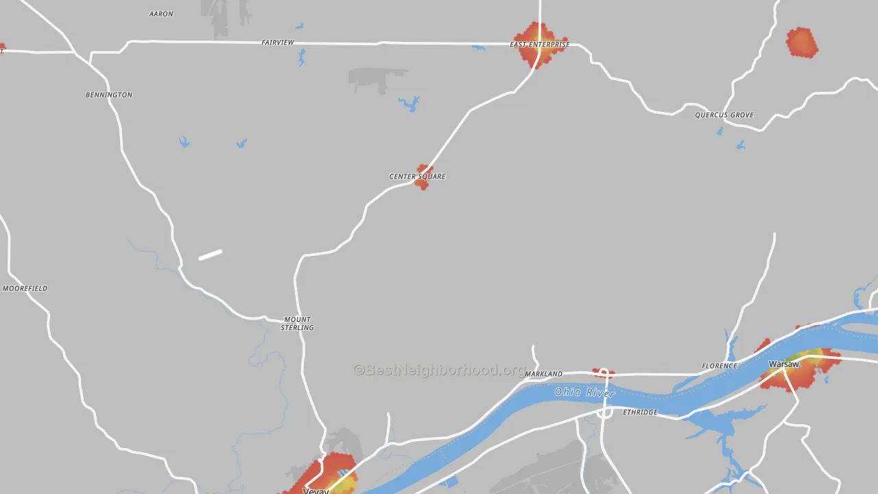 Walk Grade map of Switzerland County, IN, walkable areas in green and car-dependent areas in red