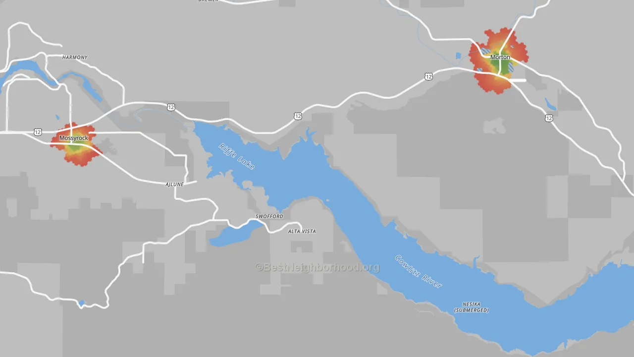 Walk Grade map of Swofford, WA, walkable areas in green and car-dependent areas in red