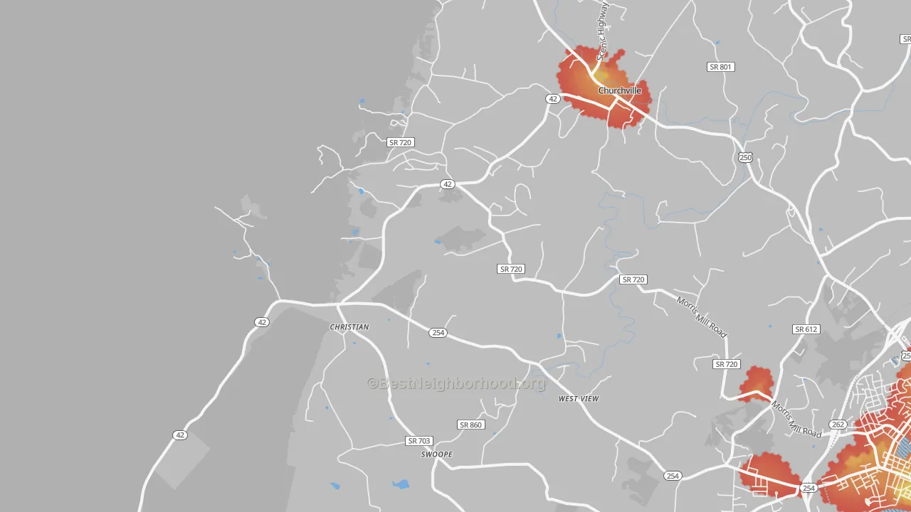 Walk Grade map of Swoope, VA, walkable areas in green and car-dependent areas in red