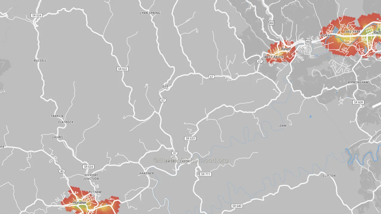 Walk Grade map of Swords Creek, VA, walkable areas in green and car-dependent areas in red