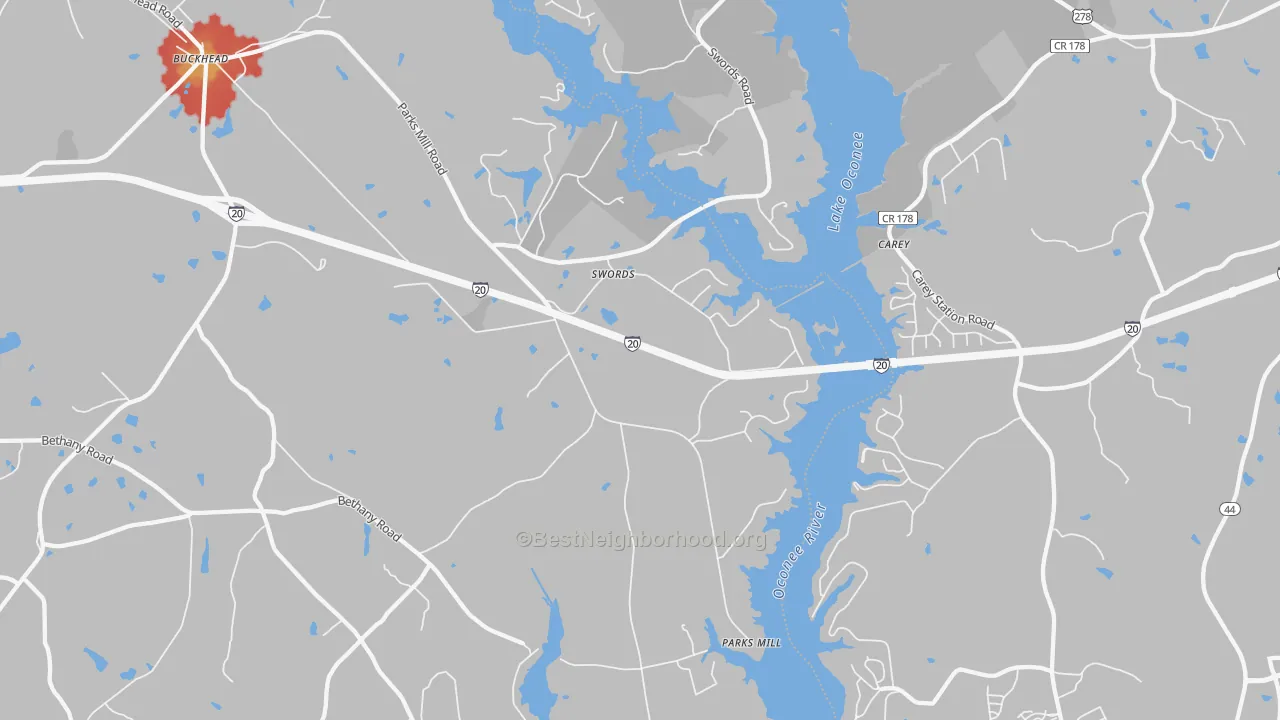 Walk Grade map of Swords, GA, walkable areas in green and car-dependent areas in red
