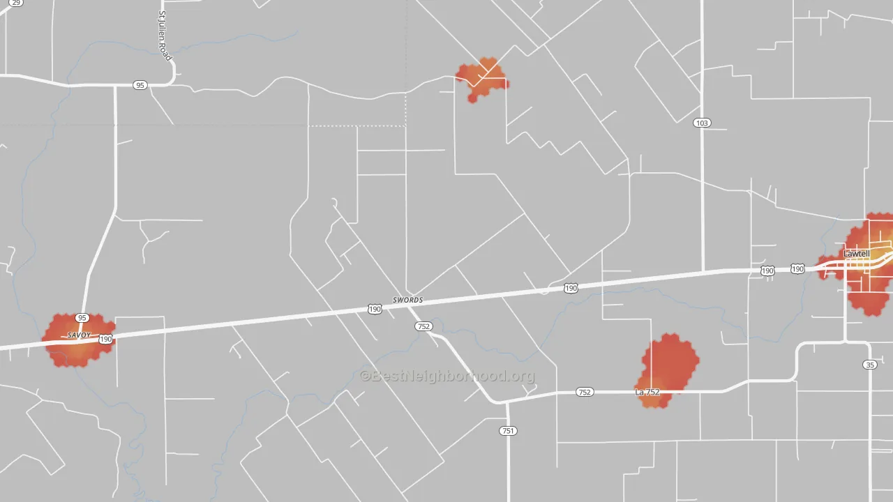 Walk Grade map of Swords, LA, walkable areas in green and car-dependent areas in red