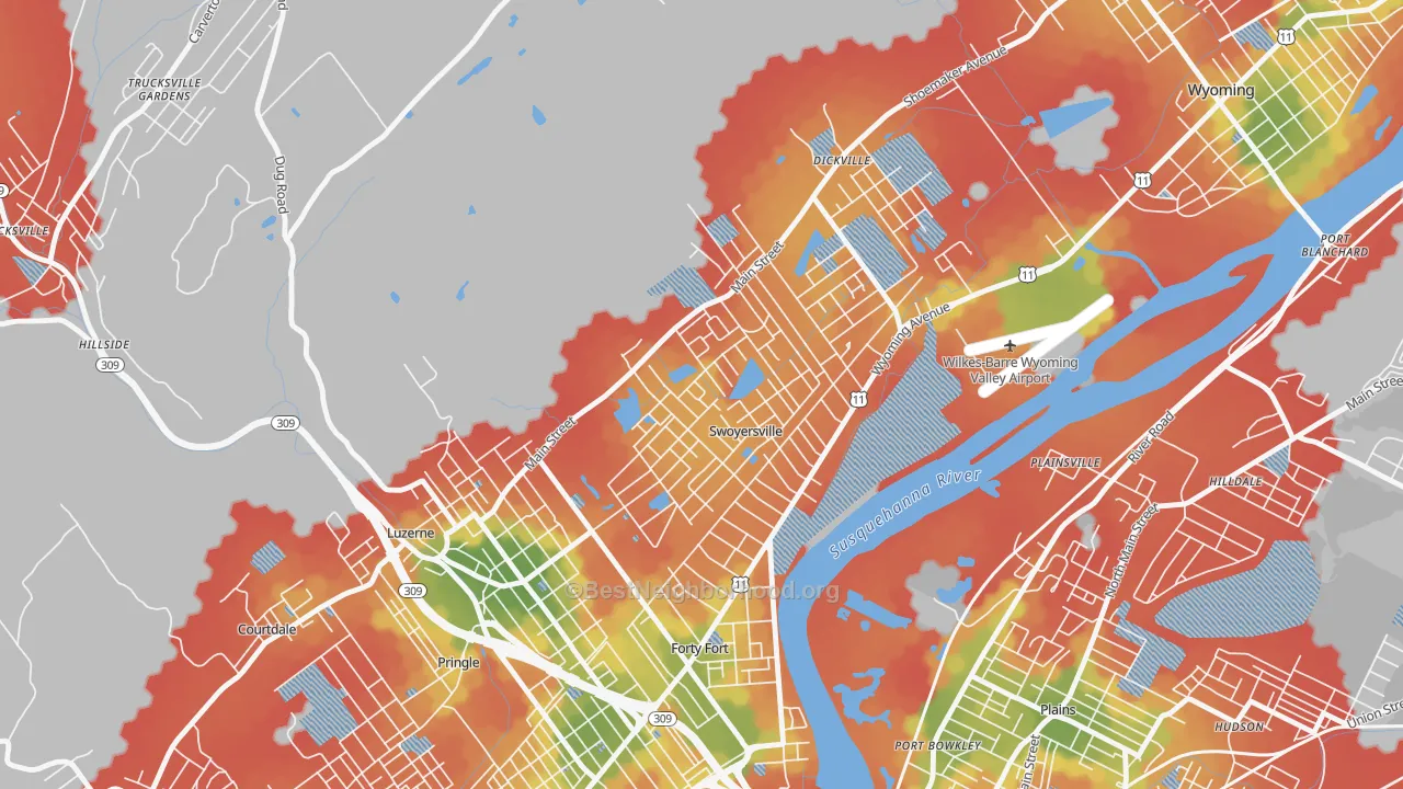 Walk Grade map of Swoyersville, PA, walkable areas in green and car-dependent areas in red