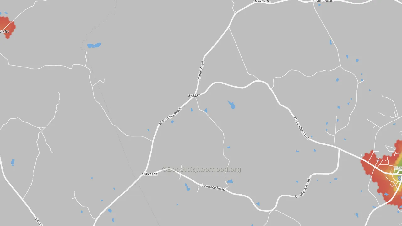Walk Grade map of Sybert, GA, walkable areas in green and car-dependent areas in red