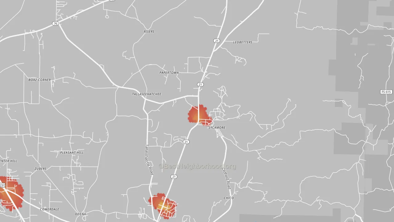 Walk Grade map of Sycamore, AL, walkable areas in green and car-dependent areas in red