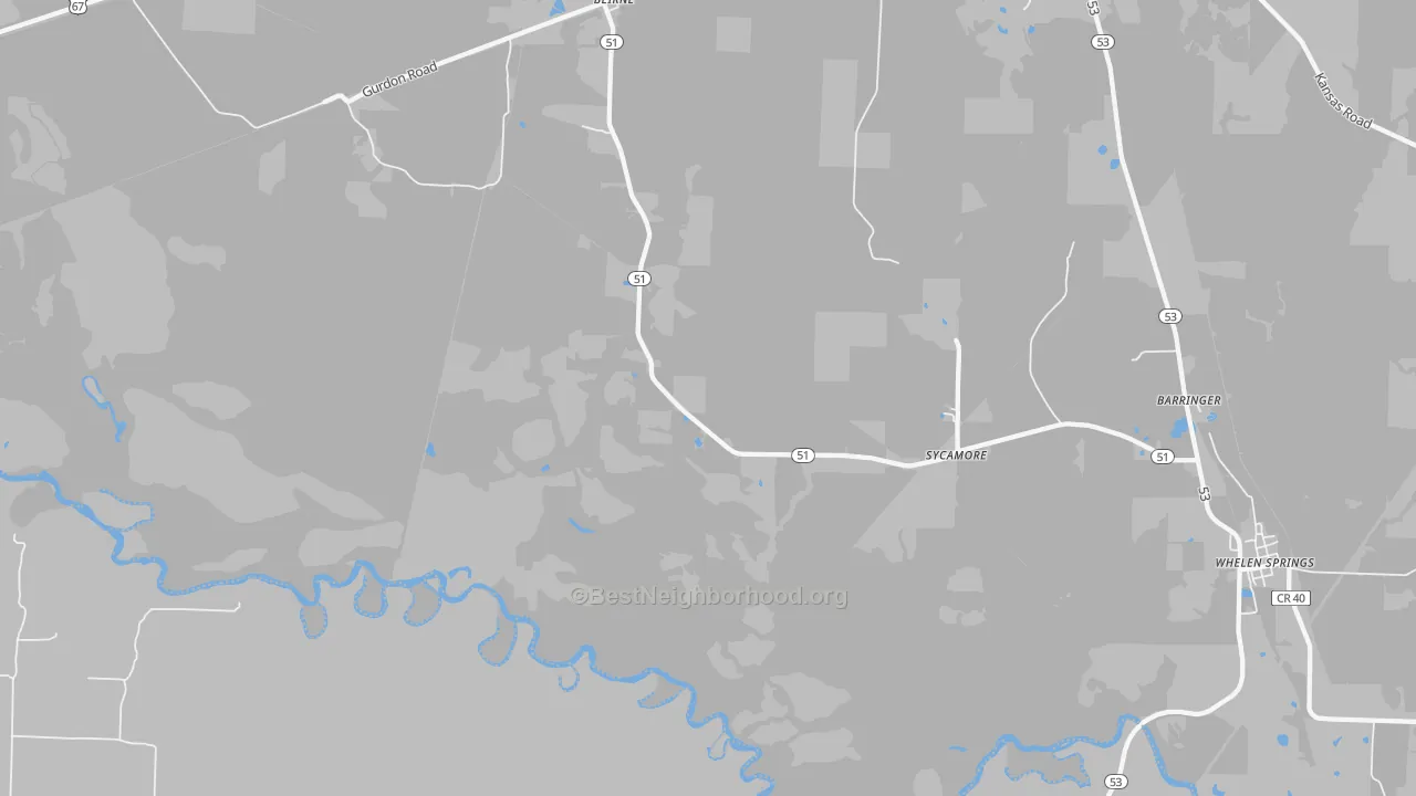 Walk Grade map of Sycamore, AR, walkable areas in green and car-dependent areas in red