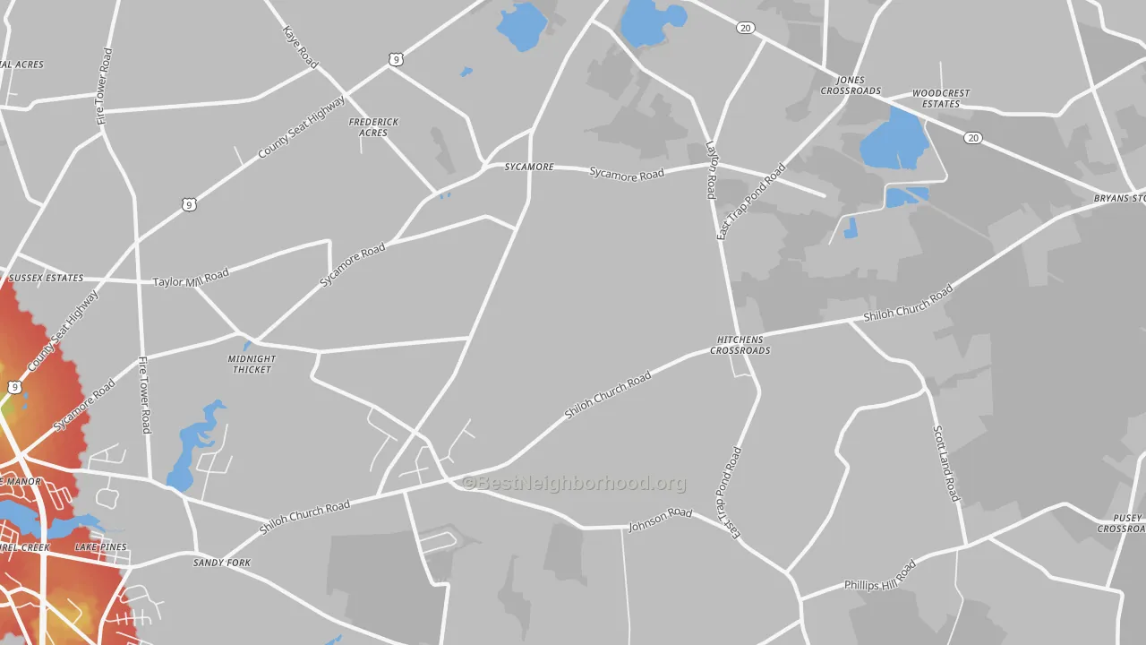 Walk Grade map of Sycamore, DE, walkable areas in green and car-dependent areas in red
