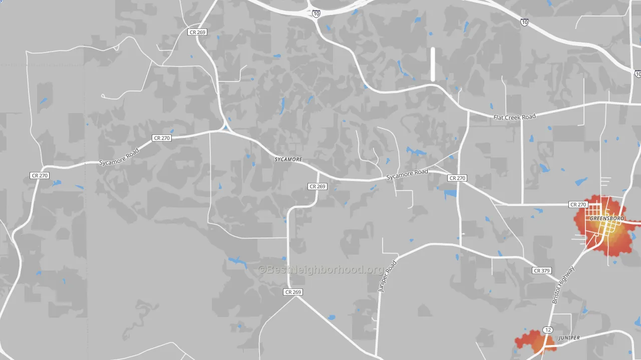 Walk Grade map of Sycamore, FL, walkable areas in green and car-dependent areas in red