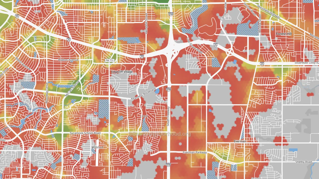 Walk Grade map of Sycamore, Fort Worth, TX, walkable areas in green and car-dependent areas in red