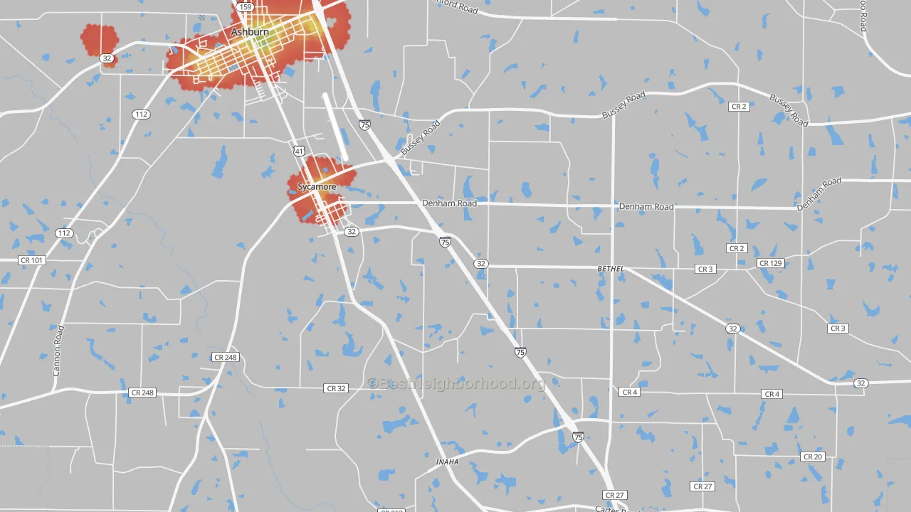 Walk Grade map of Sycamore, GA, walkable areas in green and car-dependent areas in red