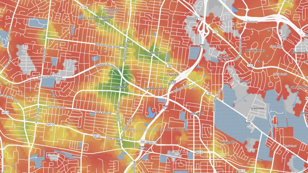 Walk Grade map of Sycamore Hills, MO, walkable areas in green and car-dependent areas in red