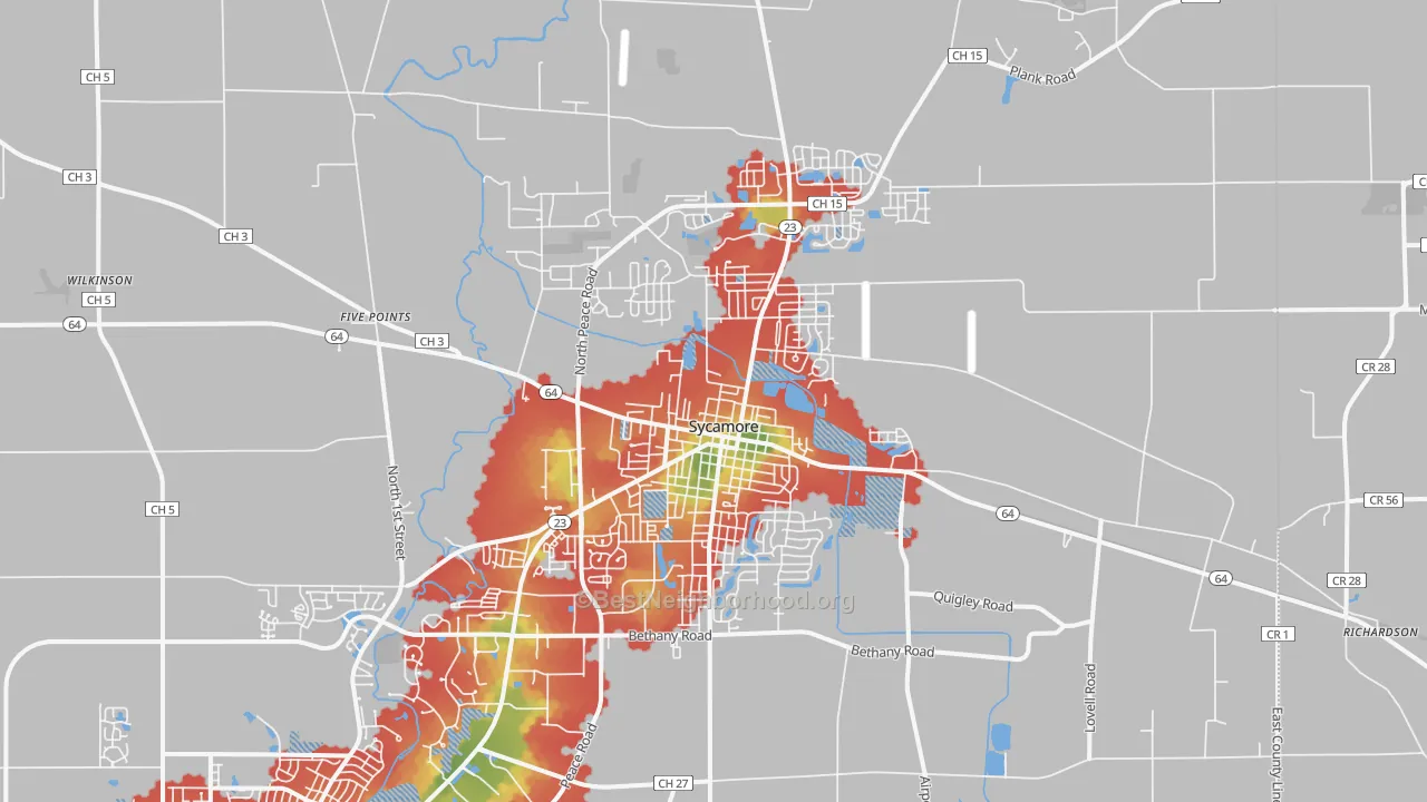 Walk Grade map of Sycamore, IL, walkable areas in green and car-dependent areas in red