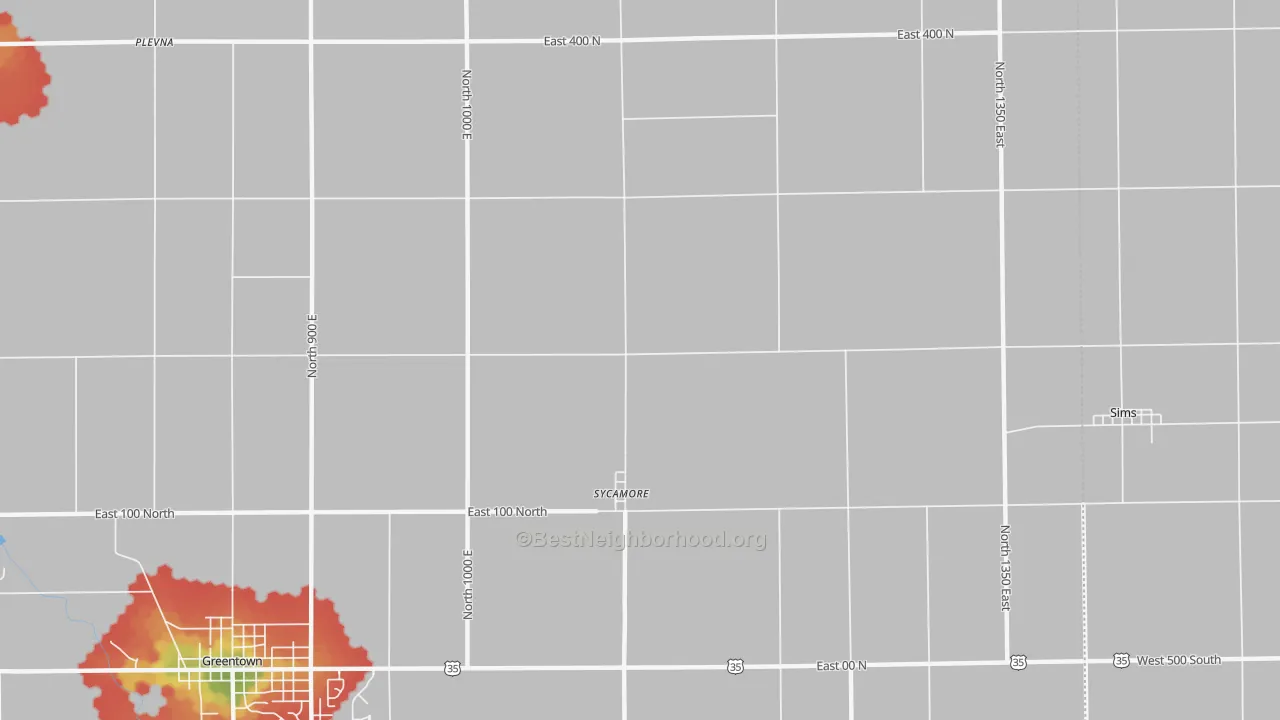 Walk Grade map of Sycamore, IN, walkable areas in green and car-dependent areas in red