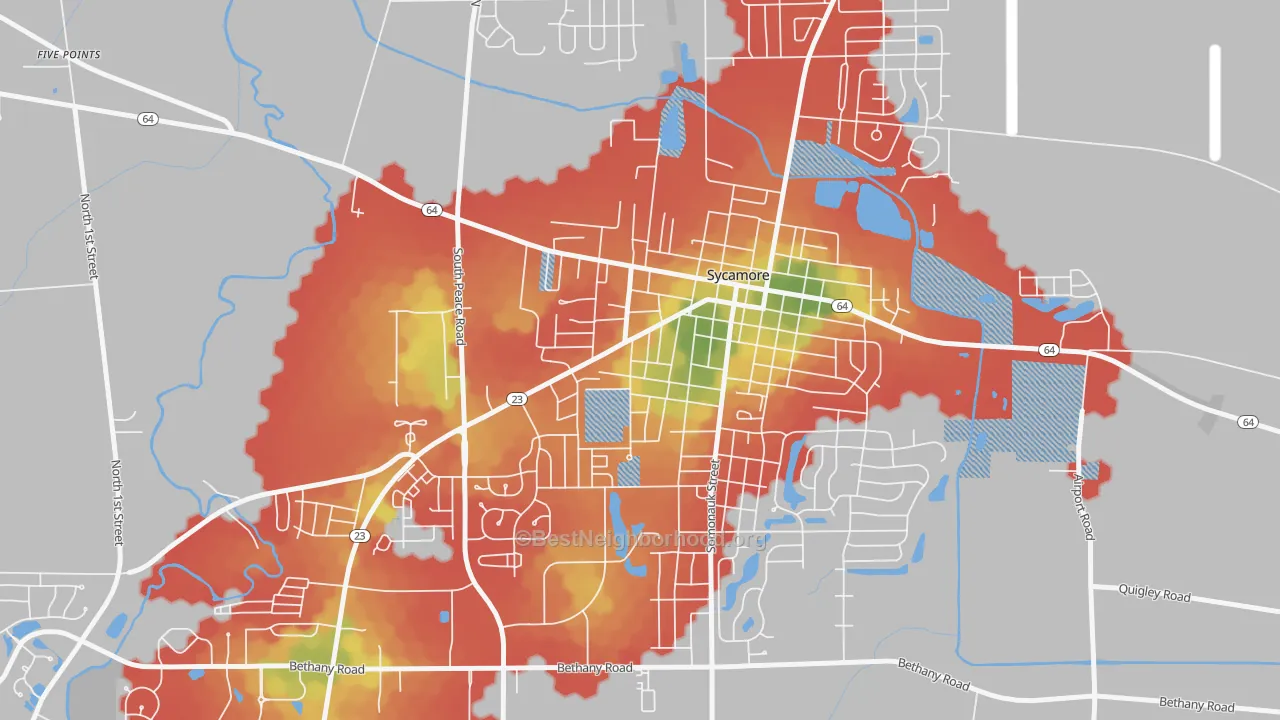 Walk Grade map of Sycamore Manor, Sycamore, IL, walkable areas in green and car-dependent areas in red