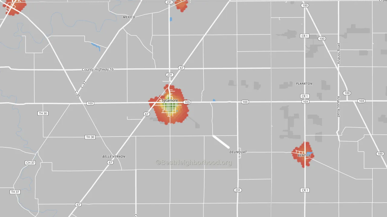 Walk Grade map of Sycamore, OH, walkable areas in green and car-dependent areas in red