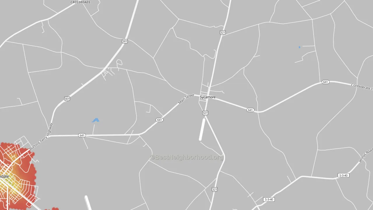 Walk Grade map of Sycamore, SC, walkable areas in green and car-dependent areas in red