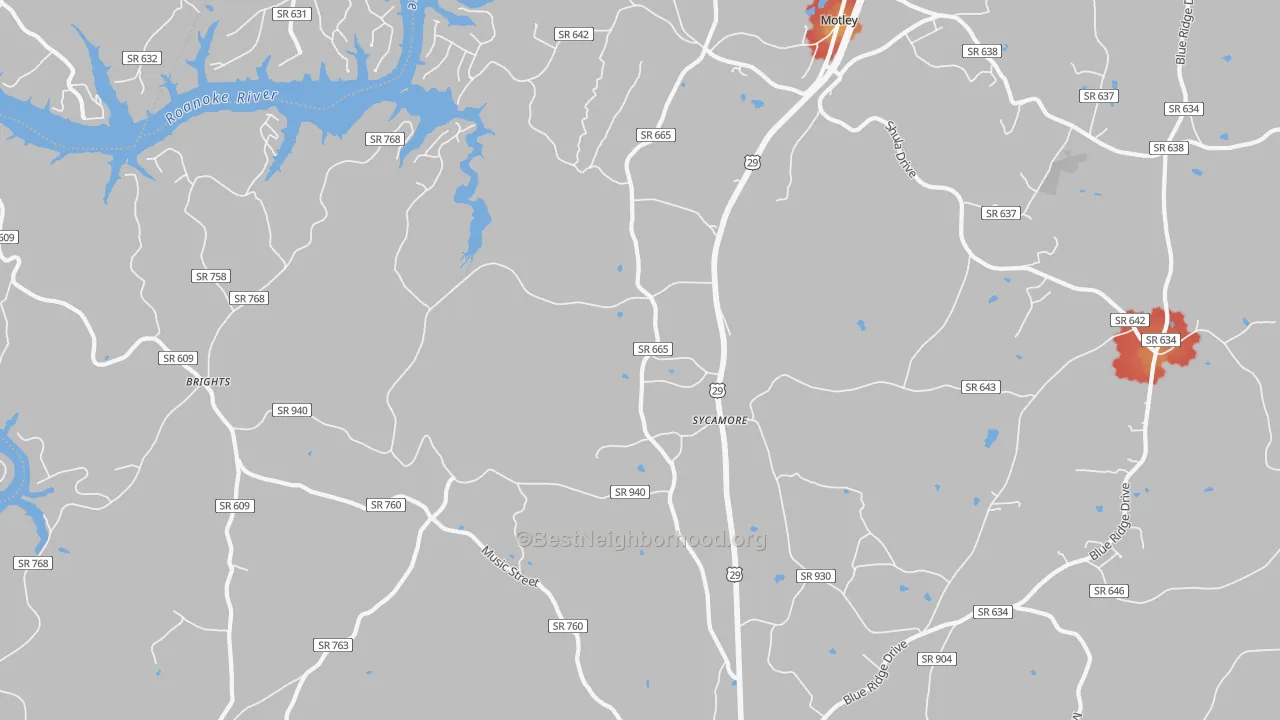 Walk Grade map of Sycamore, VA, walkable areas in green and car-dependent areas in red