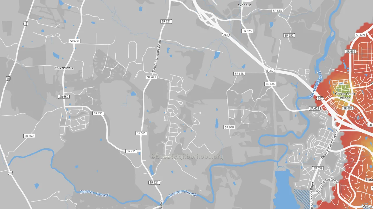 Walk Grade map of Sycolin, VA, walkable areas in green and car-dependent areas in red