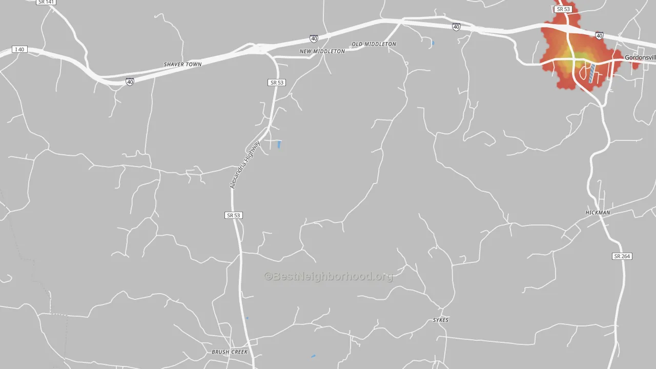 Walk Grade map of Sykes, TN, walkable areas in green and car-dependent areas in red