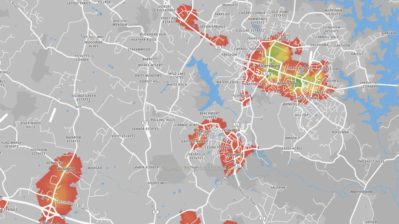 Walk Grade map of Sykesville, MD, walkable areas in green and car-dependent areas in red
