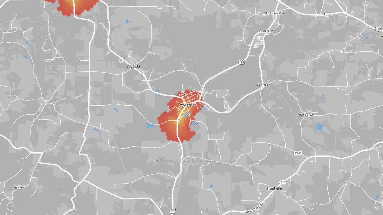 Walk Grade map of Sykesville, PA, walkable areas in green and car-dependent areas in red