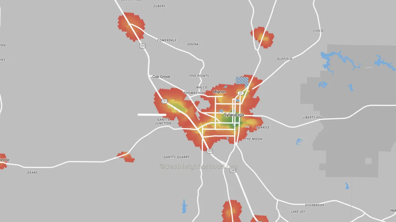 Walk Grade map of Sylacauga, AL, walkable areas in green and car-dependent areas in red