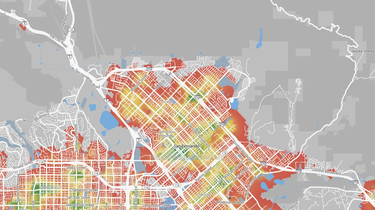Walk Grade map of Sylmar, CA, walkable areas in green and car-dependent areas in red