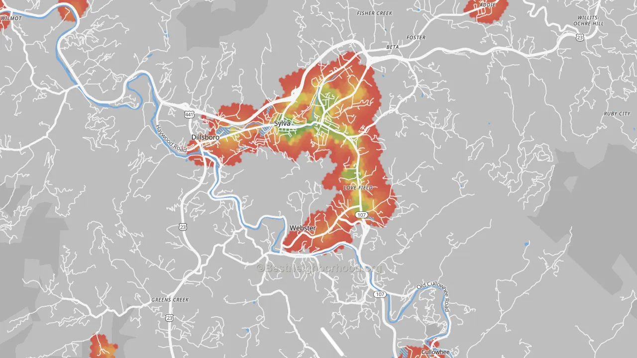Walk Grade map of Sylva, NC, walkable areas in green and car-dependent areas in red