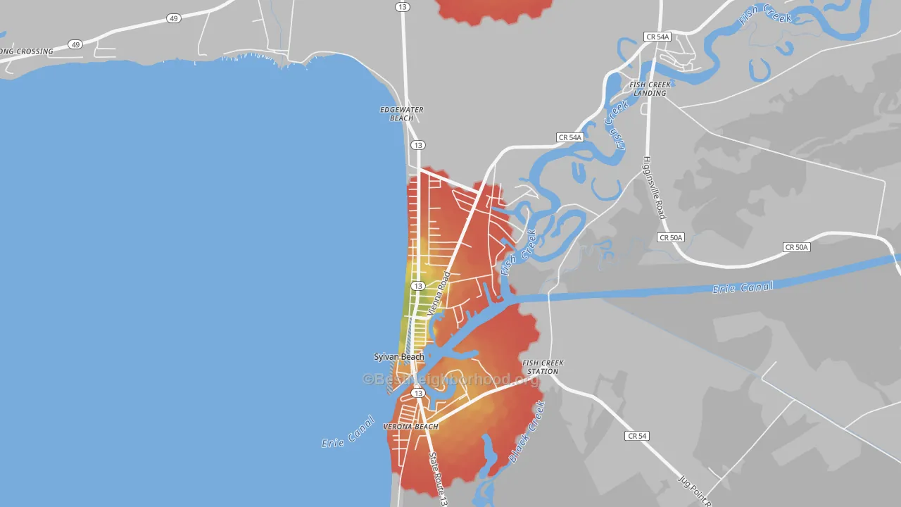 Walk Grade map of Sylvan Beach, NY, walkable areas in green and car-dependent areas in red