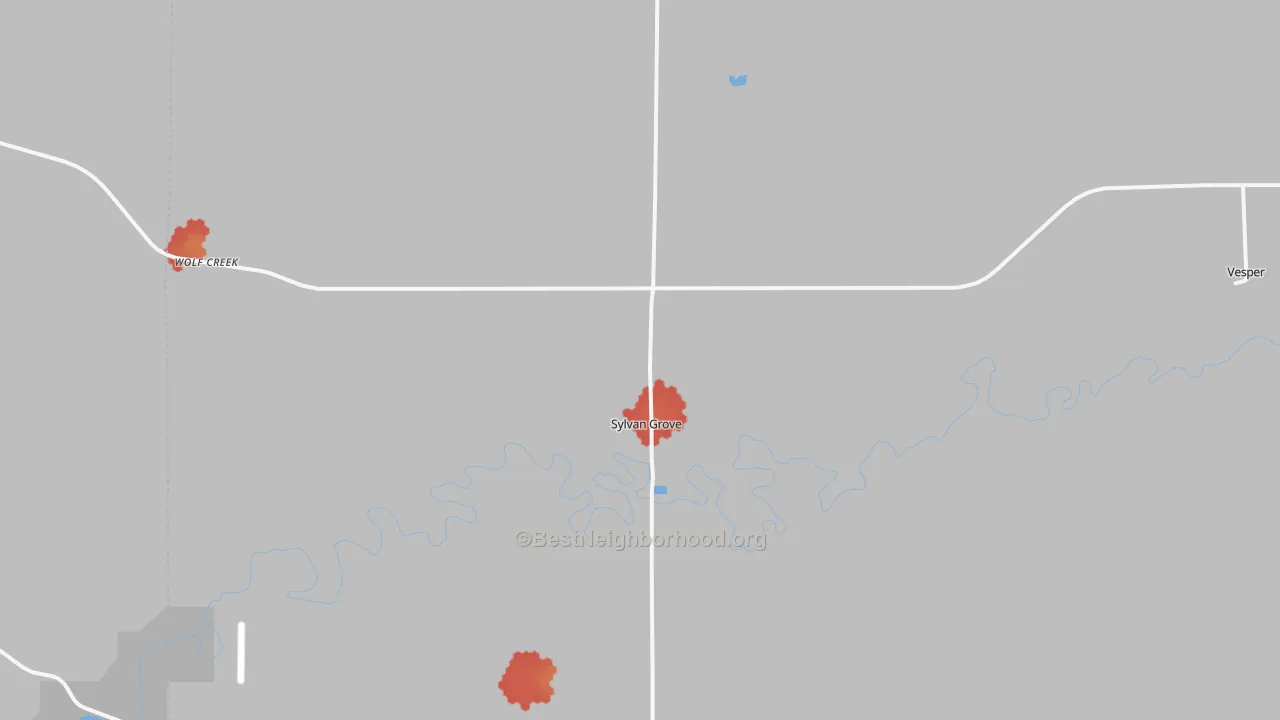 Walk Grade map of Sylvan Grove, KS, walkable areas in green and car-dependent areas in red