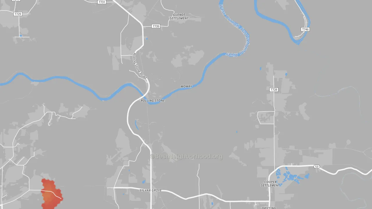 Walk Grade map of Sylvan Grove, PA, walkable areas in green and car-dependent areas in red
