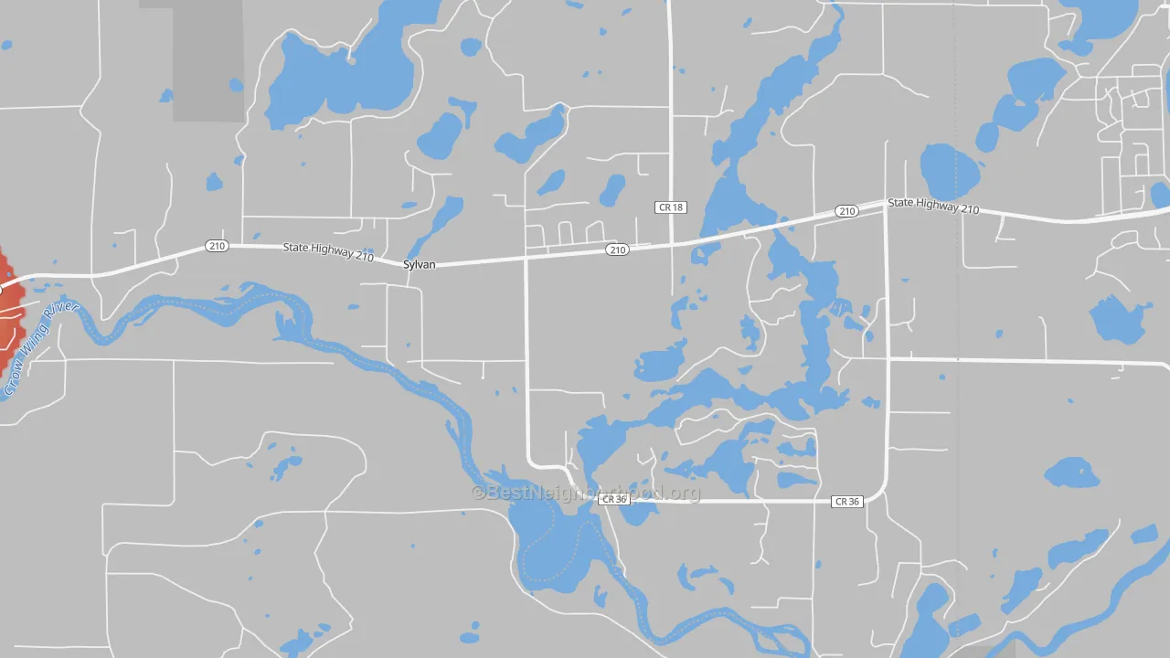 Walk Grade map of Sylvan, MN, walkable areas in green and car-dependent areas in red