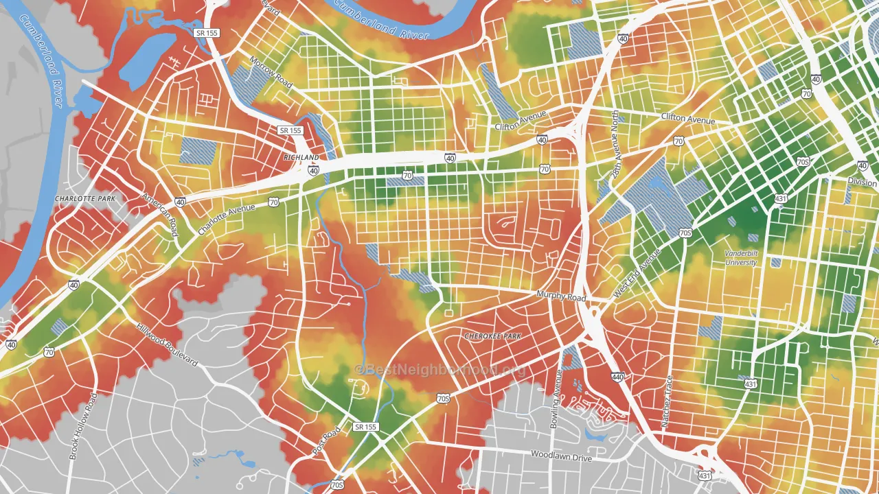 Walk Grade map of Sylvan Park, Nashville, TN, walkable areas in green and car-dependent areas in red