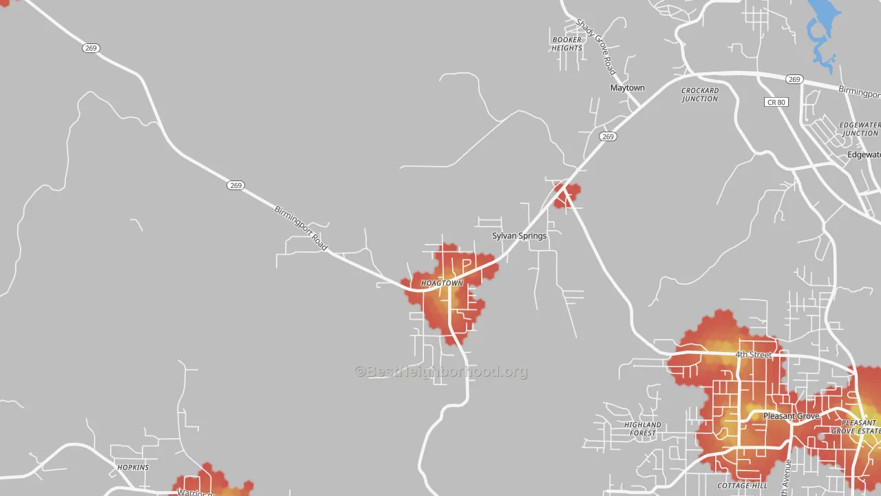 Walk Grade map of Sylvan Springs, AL, walkable areas in green and car-dependent areas in red
