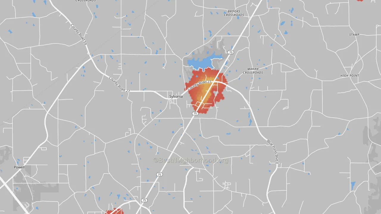 Walk Grade map of Sylvania, AL, walkable areas in green and car-dependent areas in red