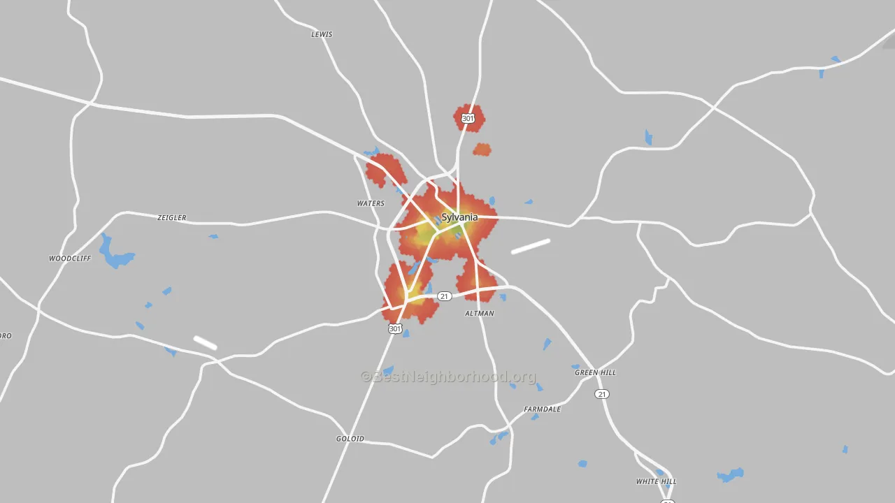Walk Grade map of Sylvania, GA, walkable areas in green and car-dependent areas in red