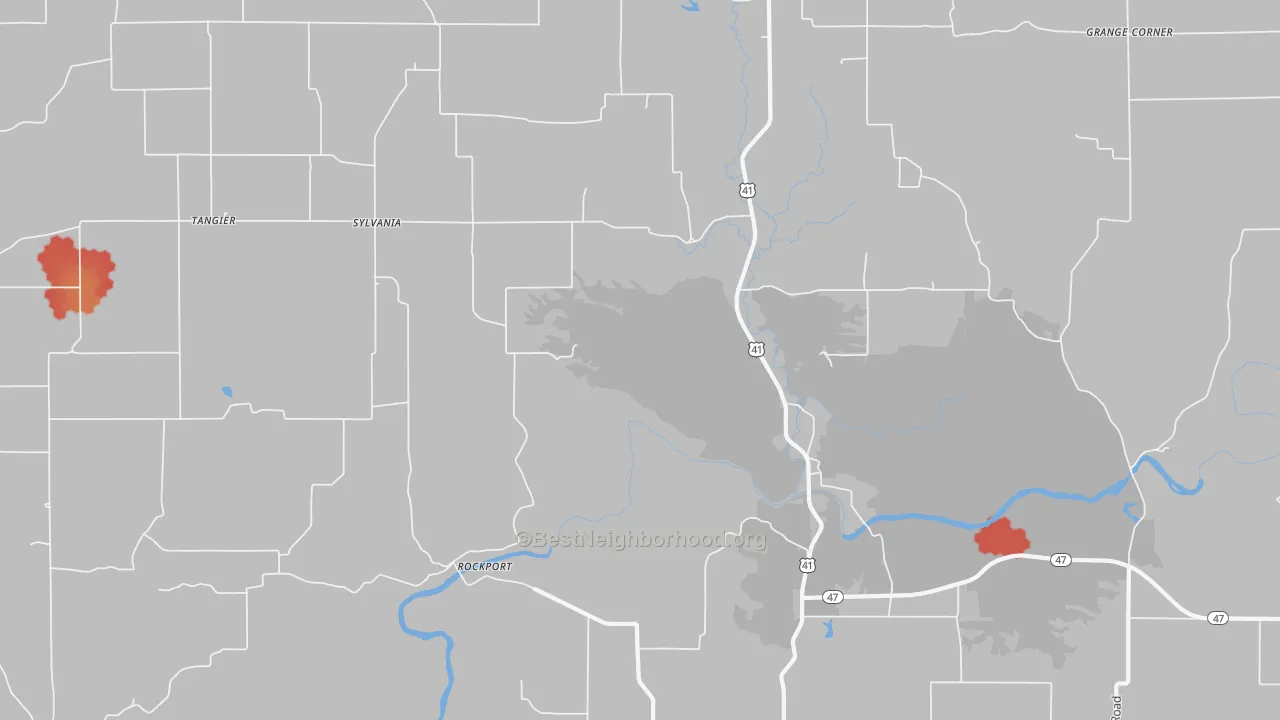 Walk Grade map of Sylvania, IN, walkable areas in green and car-dependent areas in red